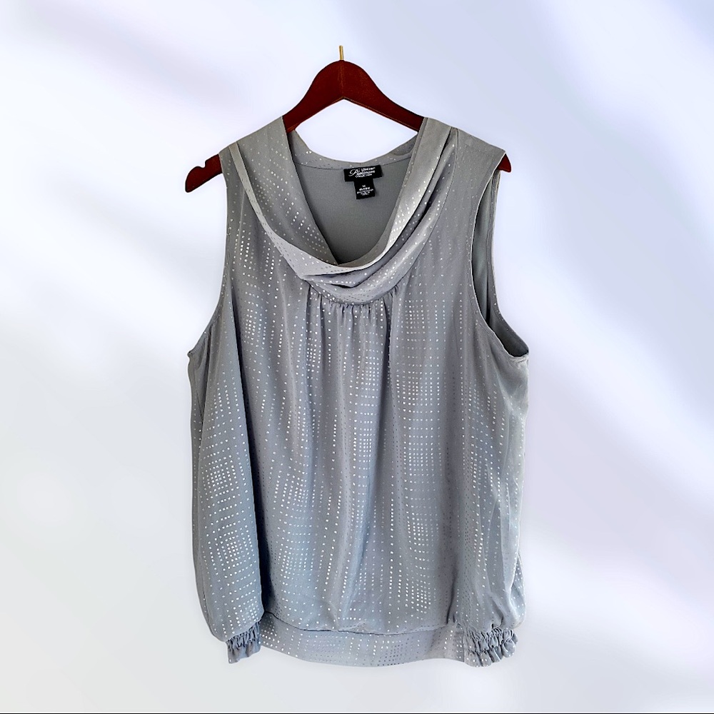 Sea foam Grey sleeveless sheen GORGEOUS LIZ BLOUSE with flattering cow neck